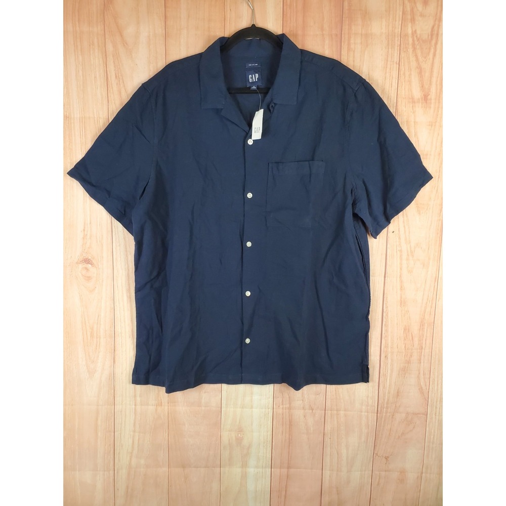 Gap Mens Shirt Sz XL Blue Linen Blend Button Up Short Sleeve Collared Pocket